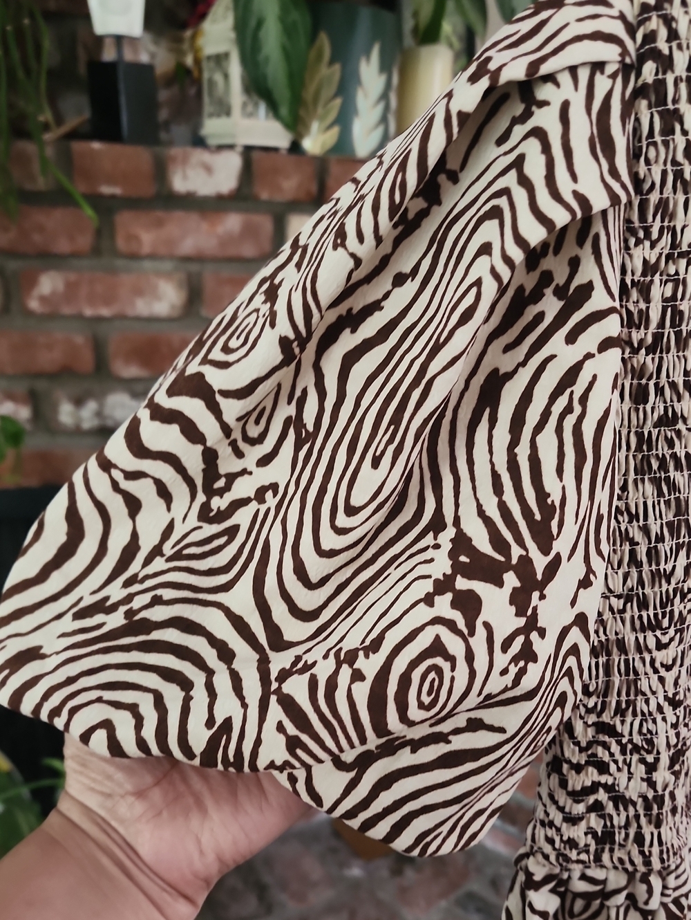 Moon River Brown Abstract Woodgrain Print Midi Dress Puff Sleeve Cottagecore Boh - Picture 7 of 11